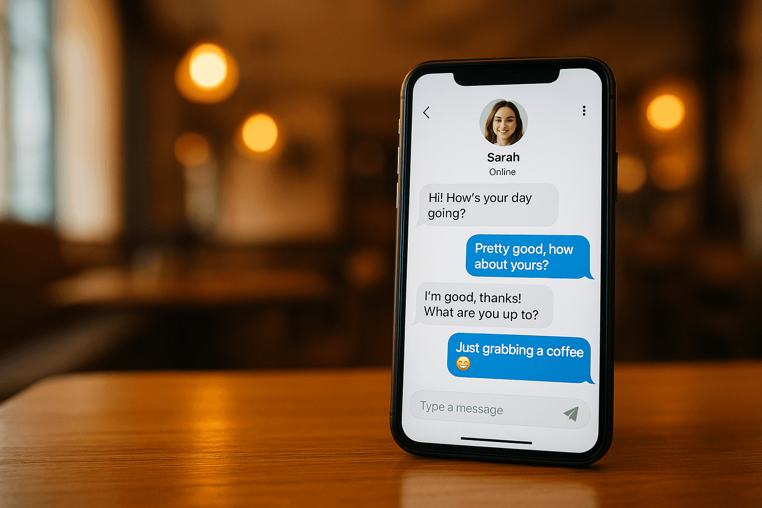 A smartphone showing the best first message on Bumble inside a chat window.