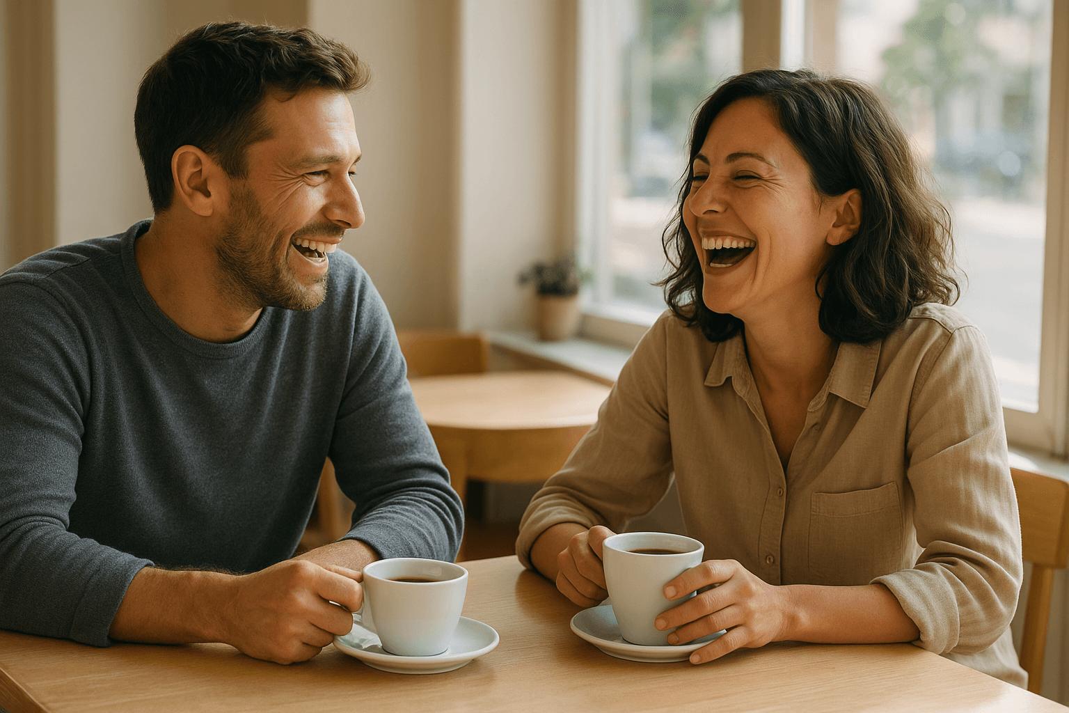 Adults sharing a pleasant chat at a cafe using Bumble conversation starters