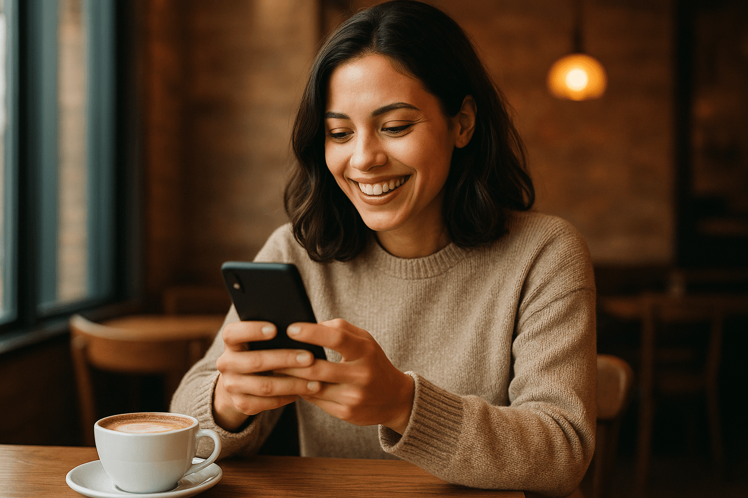 A person reviewing a Bumble extended match on their smartphone inside a modern coffee shop.