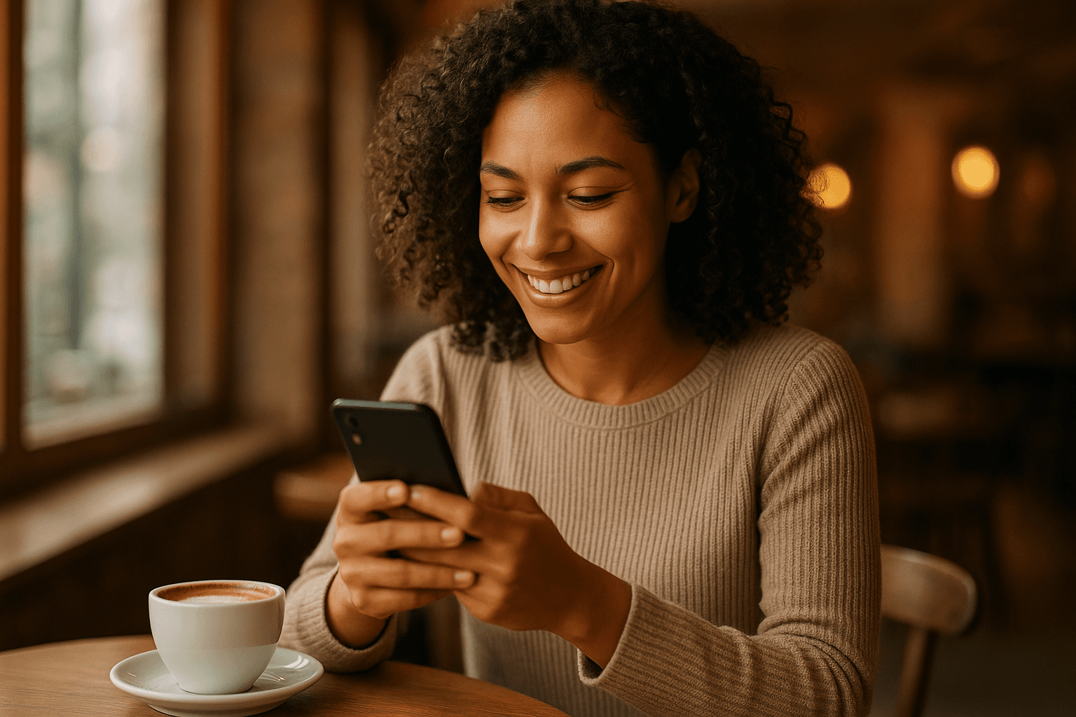 A person reviewing their Bumble rematch strategy on a smartphone in a cafe.